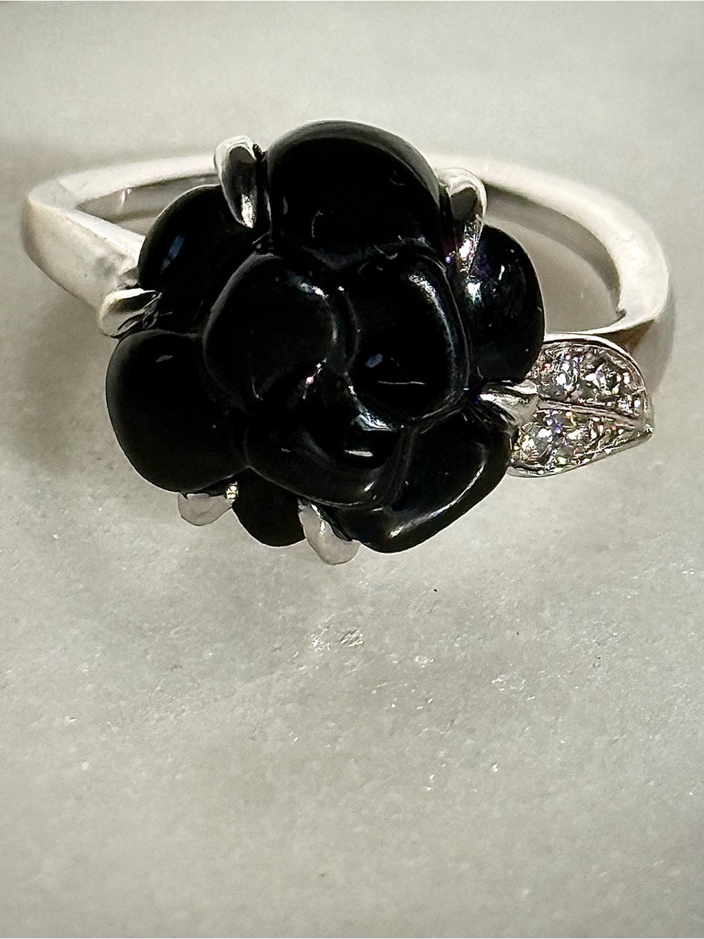 CHANEL Black Onyx Camellia Ring with Diamond Leaf Accent | 18k White Gold